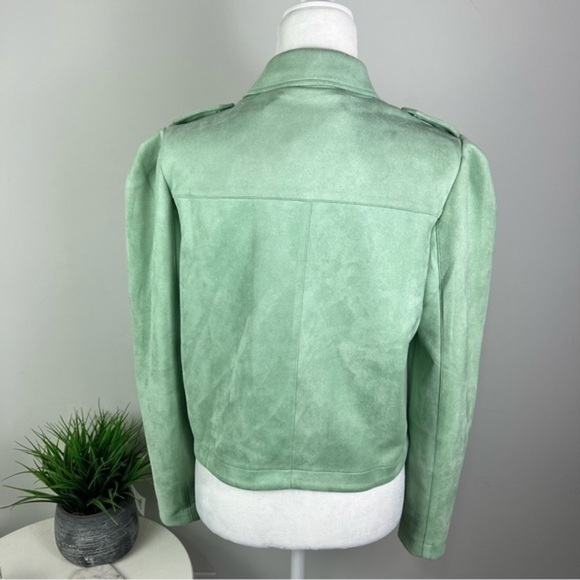 LC Lauren Conrad Moto Jacket womens size medium green zip up puff sleeve - Picture 7 of 12